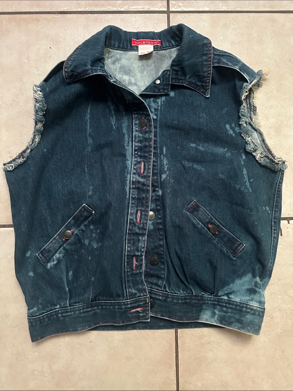 Vintage Halston Heritage 1980’s-1990’s Distressed Denim Sleeveless Jacket Sz 10